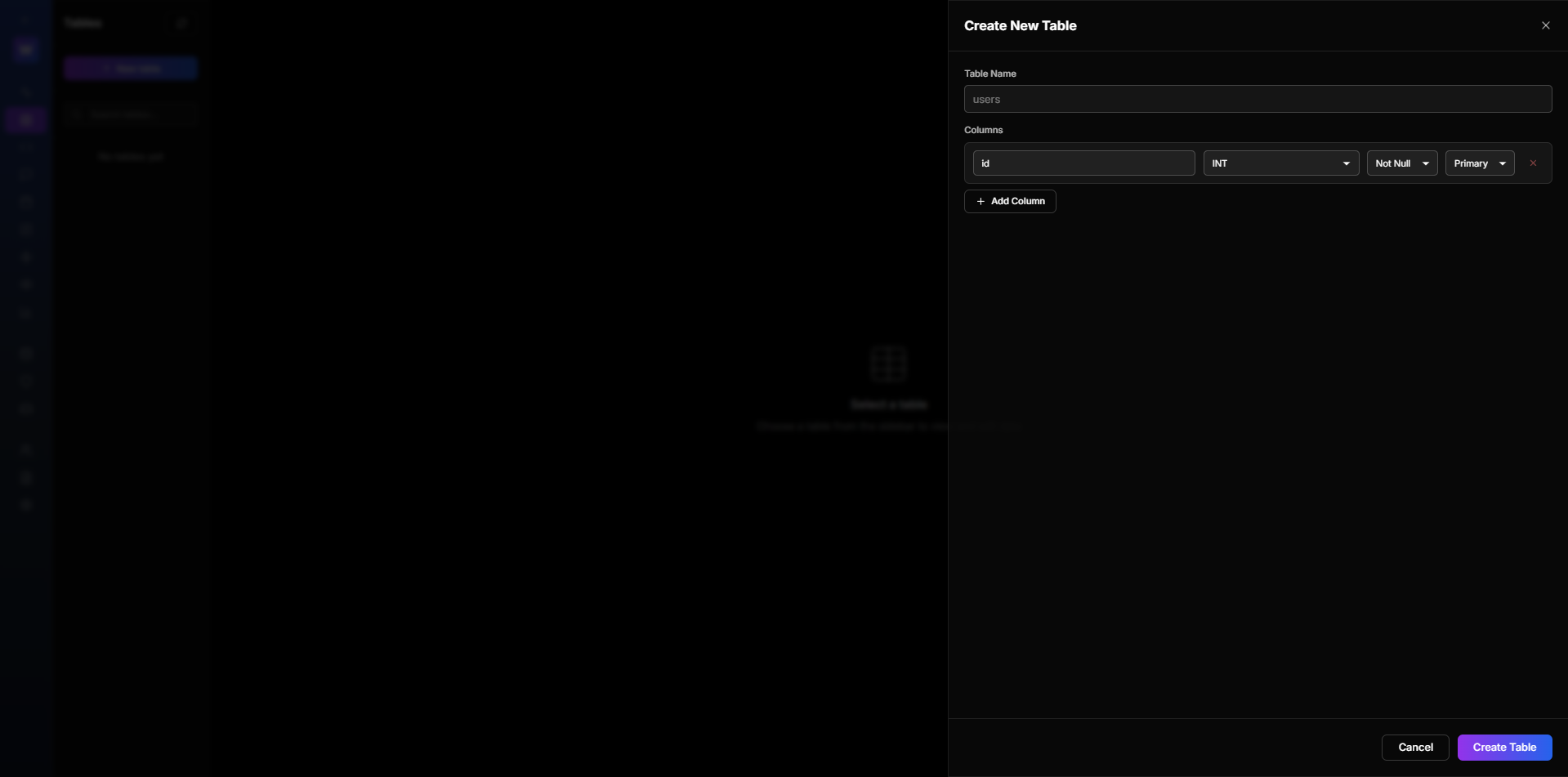 Create Table Button