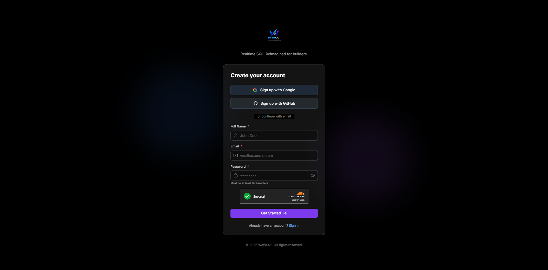 WoWSQL Signup Page